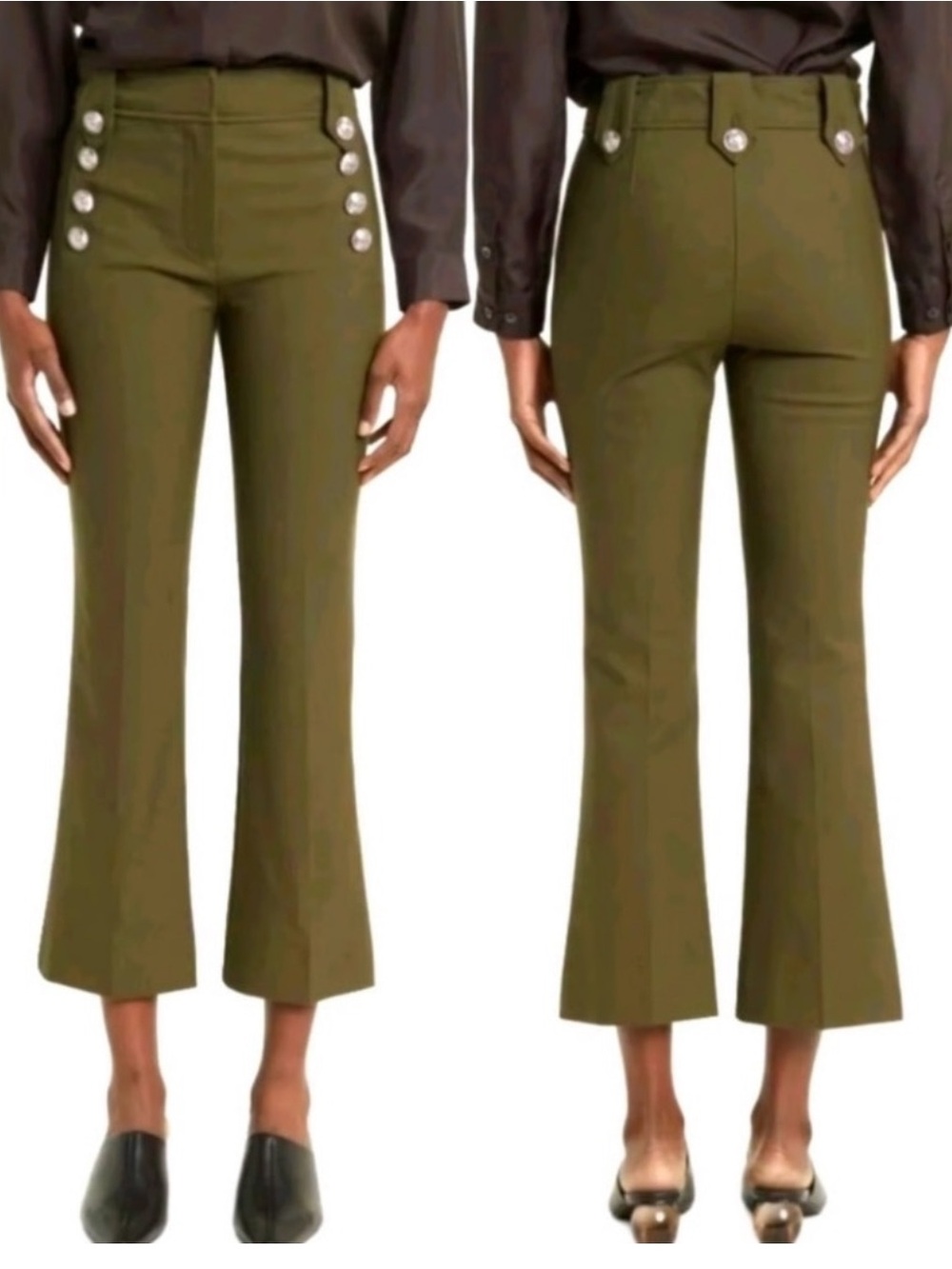 10 Crosby Derek Lam Robertson Crop Flare Pants Olive Green Gold Buttons Sz 6